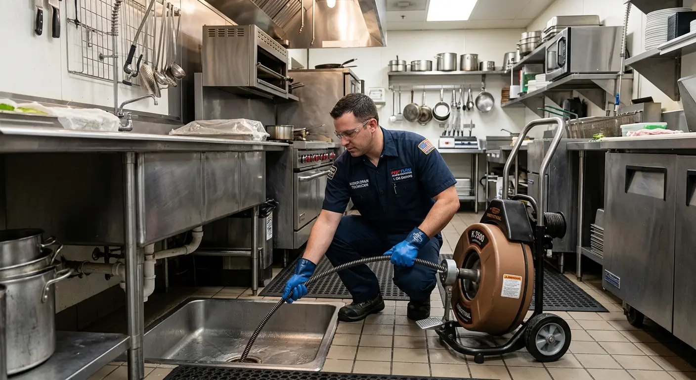 Commercial drain cleaning service in a restaurant kitchen in Thibodaux