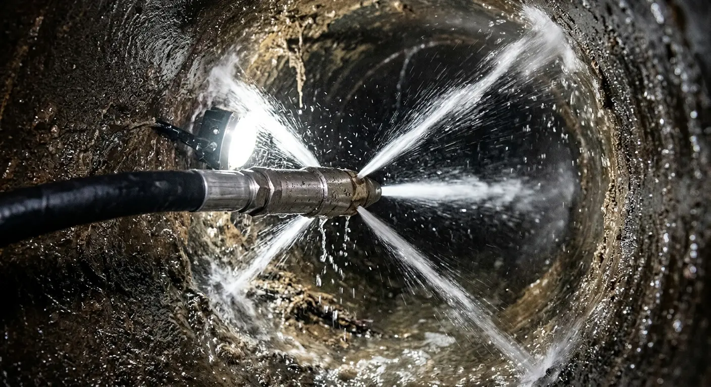High-pressure hydro jetting nozzle cleaning sewer pipe for Sewer Cleanout in Thibodaux