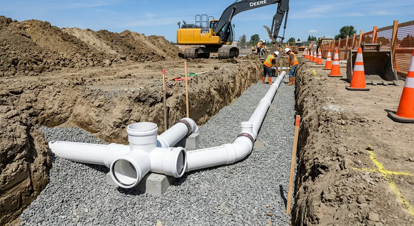 New PVC sewer pipe installation in open trench for Grease Trap Cleaning in Thibodaux