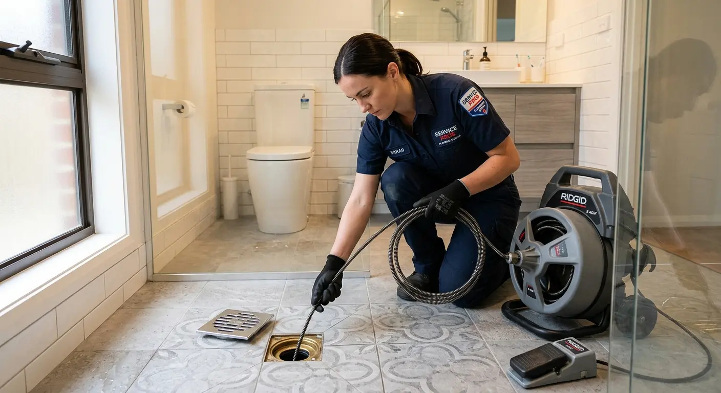 Technician clearing a bathroom floor drain for Sewer Line Replacement in Thibodaux
